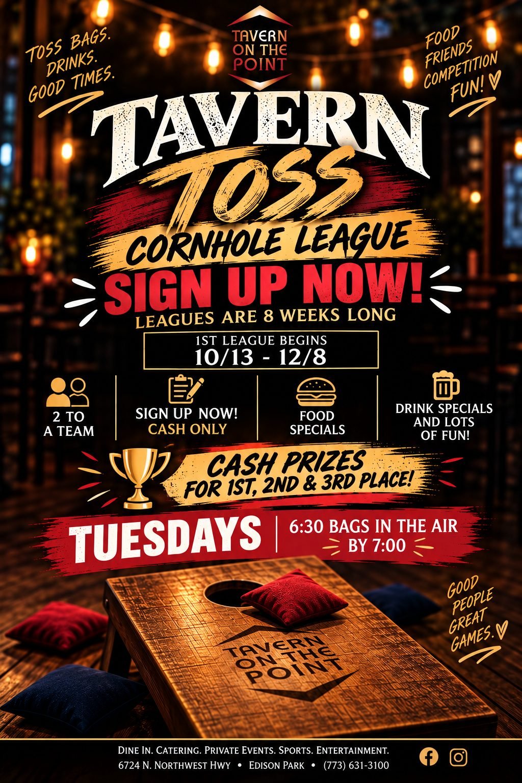 Tavern Toss Cornhole League at Tavern on the Point on Tuesdays from October 13 through December 8, 2026
