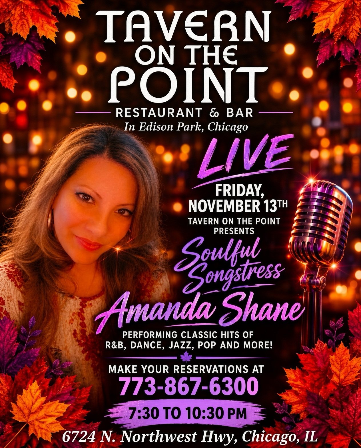 Amanda Shane live at Tavern on the Point on Friday, November 13, 2026, from 7:30 to 10:30 PM