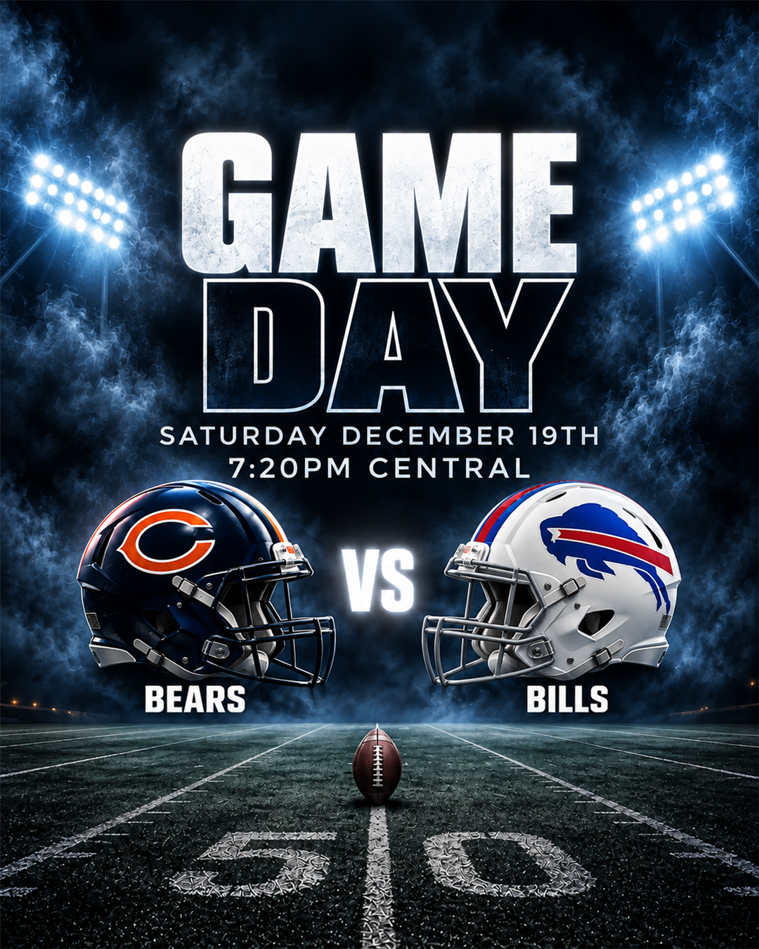 Chicago Bears vs. Buffalo Bills game day poster for 2026-12-19 at 7:20pm Central