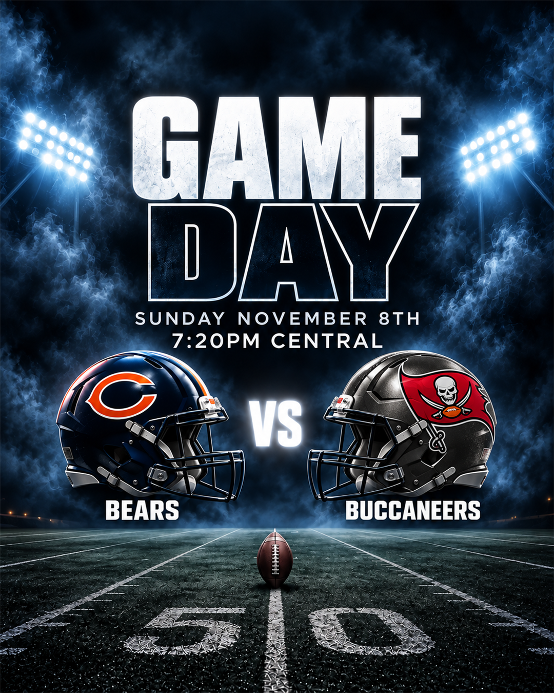 Chicago Bears vs. Tampa Bay Buccaneers game day poster for 2026-11-08 at 7:20pm Central