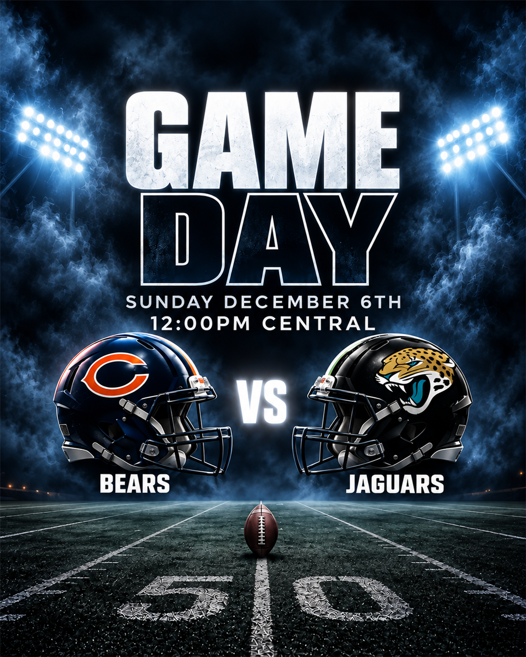 Chicago Bears vs. Jacksonville Jaguars game day poster for 2026-12-06 at 12pm Central