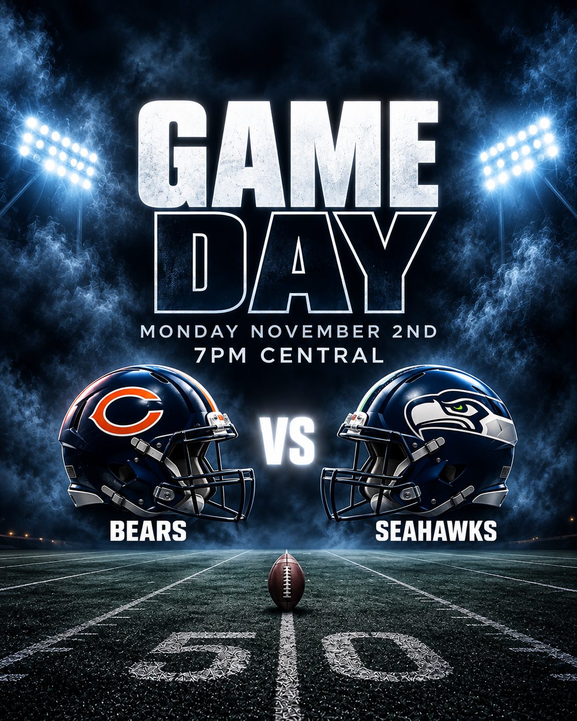 Chicago Bears vs. Seattle Seahawks game day poster for 2026-11-02 at 7pm Central