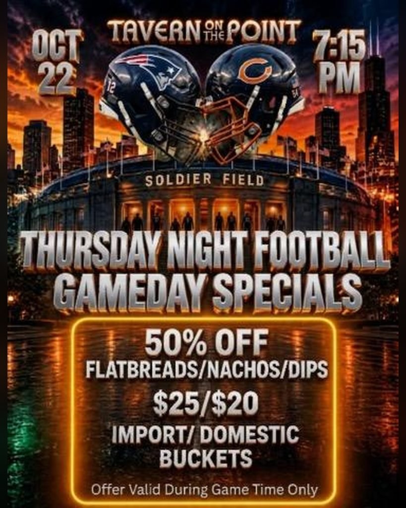 Thursday Night Football Bears watch party flyer, October 22 at 7:15 PM, with game-day specials