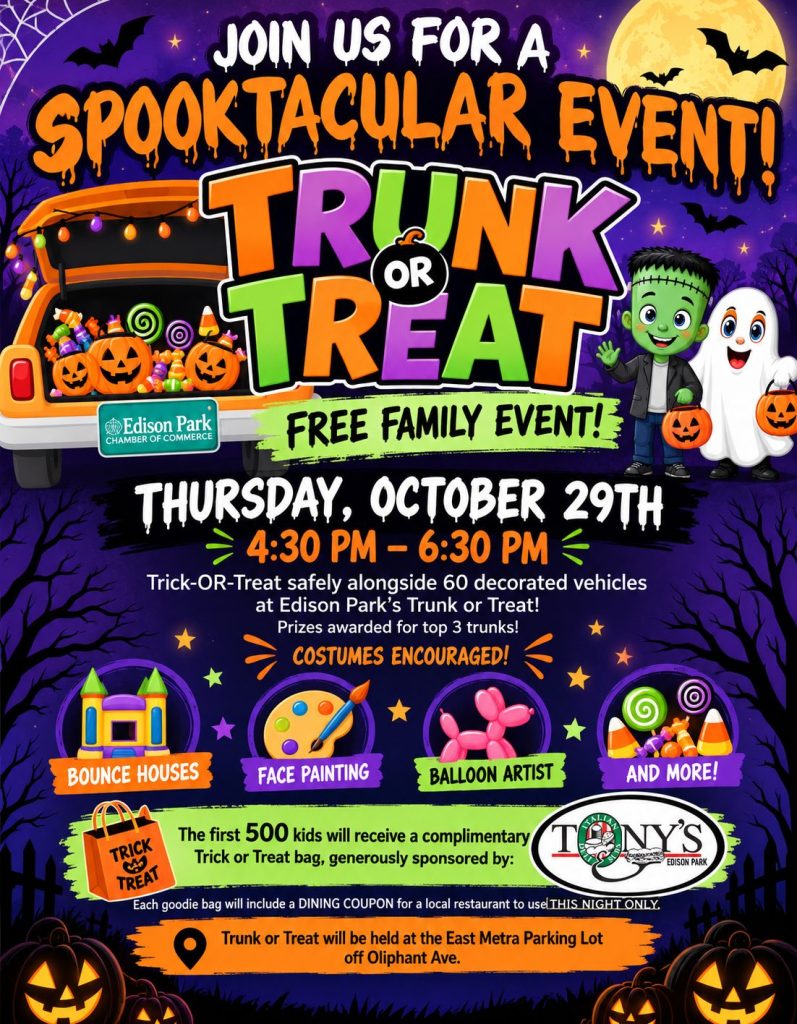 Free Edison Park Trunk or Treat on October 29, 4:30–6:30 PM, at the East Metra Parking Lot off Oliphant Avenue