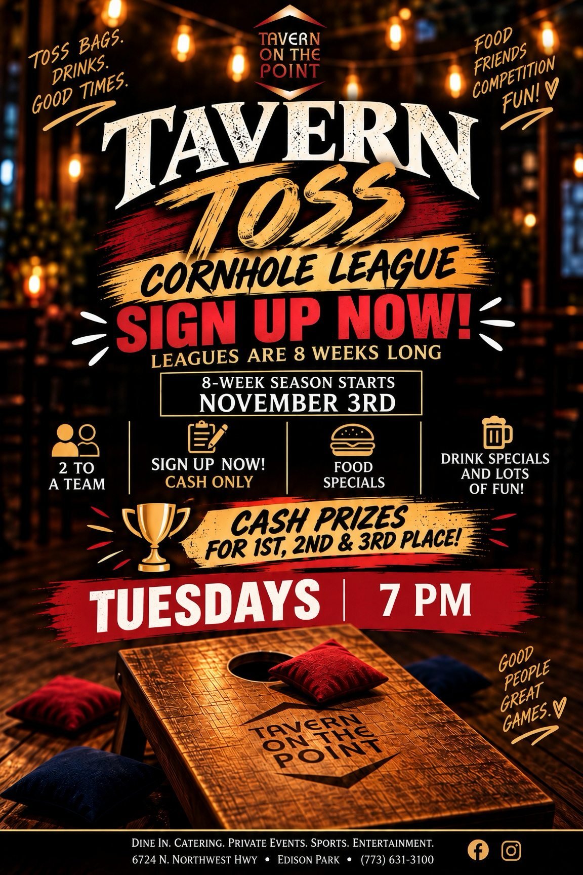 Tavern Toss Cornhole League at Tavern on the Point, eight-week Tuesday season beginning November 3, 2026