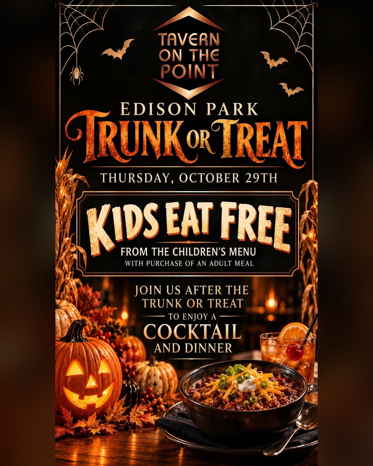 Edison Park Trunk or Treat flyer: October 29, kids eat free from the children’s menu with purchase of an adult meal
