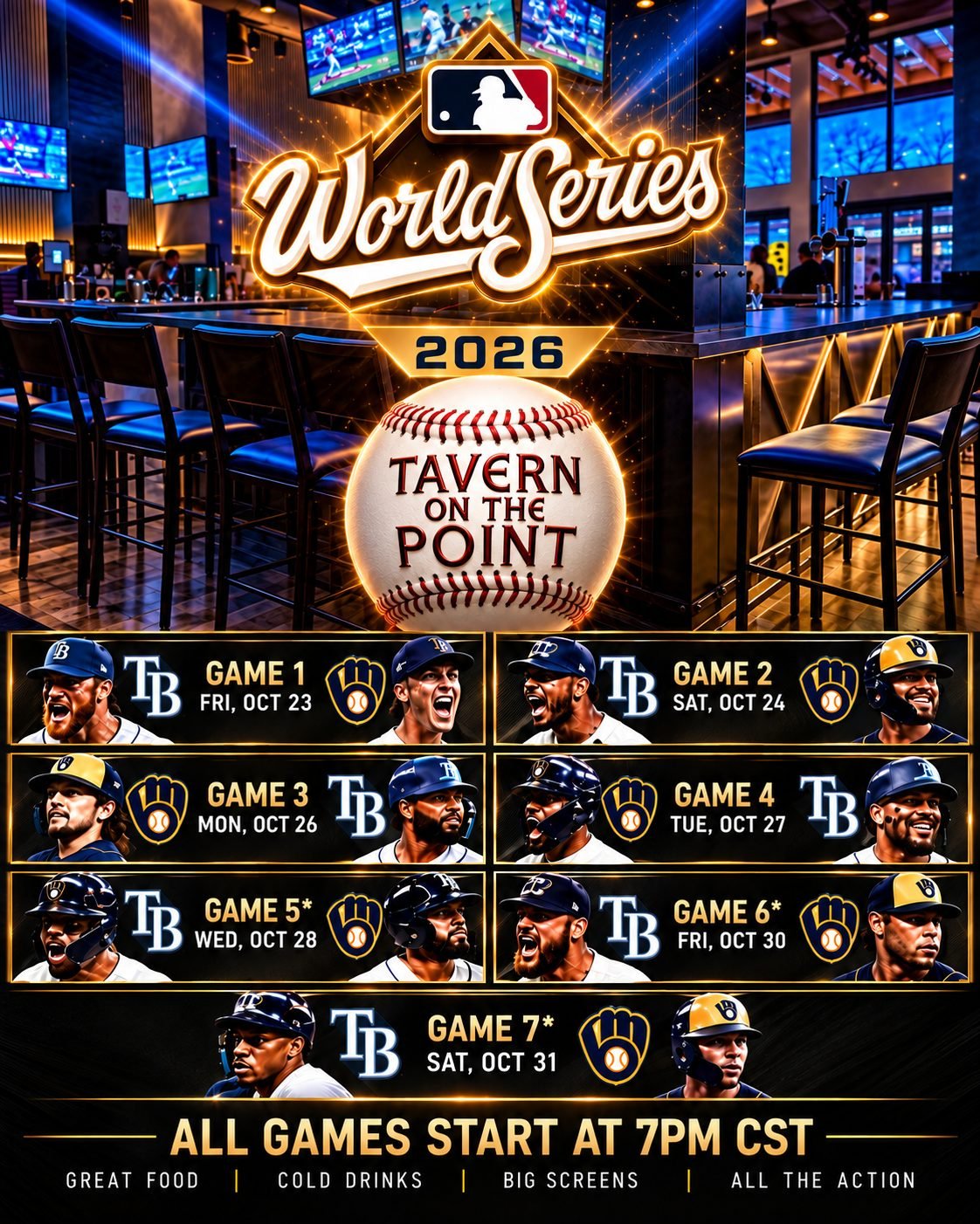 2026 World Series at Tavern on the Point, with October 23–31 game schedule and 7 PM Central starts